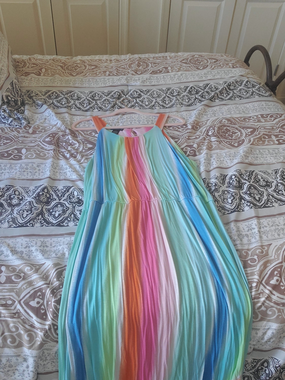 Multicolor Rainbow Stripe Halter Maxi Dress